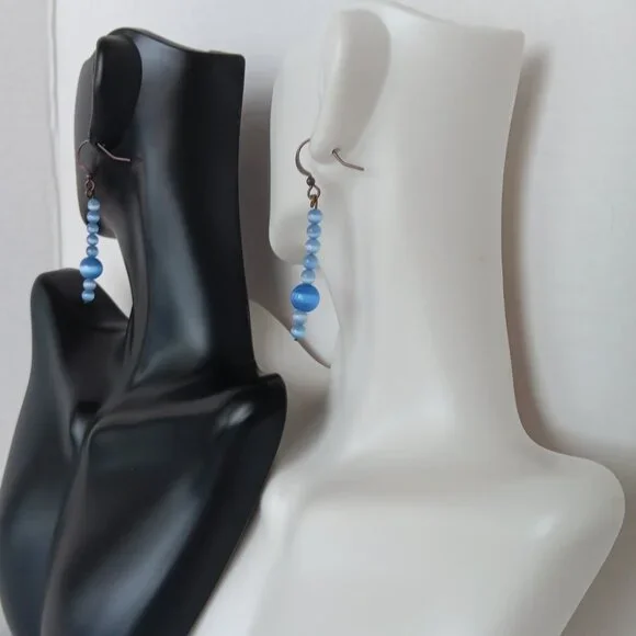 Hand Crafted Periwinkle Blue Dangle Earrings With Banded Agate Round Beads NWT - Picture 10 of 16